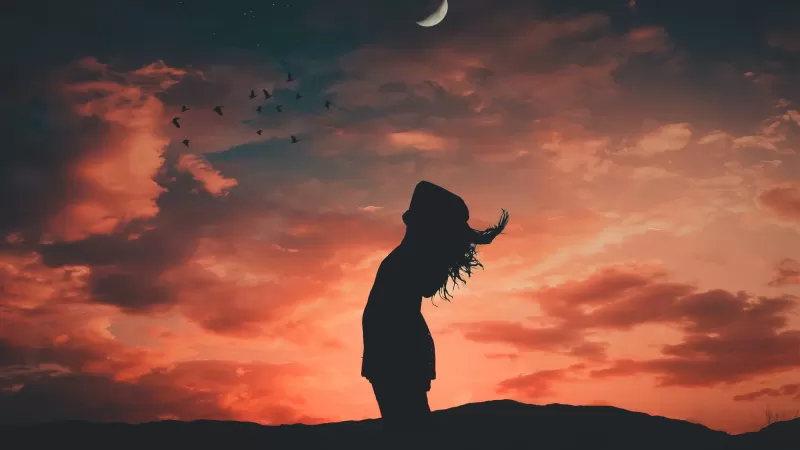 Girl, Silhouette, Evening sky, Crescent Moon, Dusk, Mood