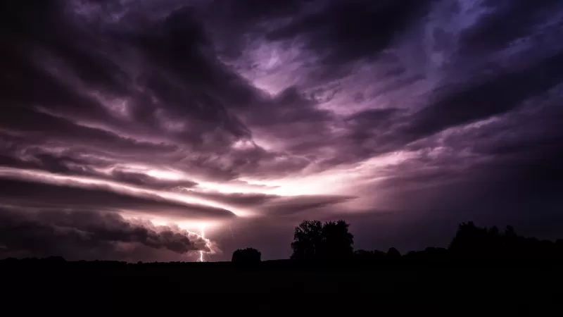 Lightning storm, Purple sky, Tree silhouettes, 4K wallpaper