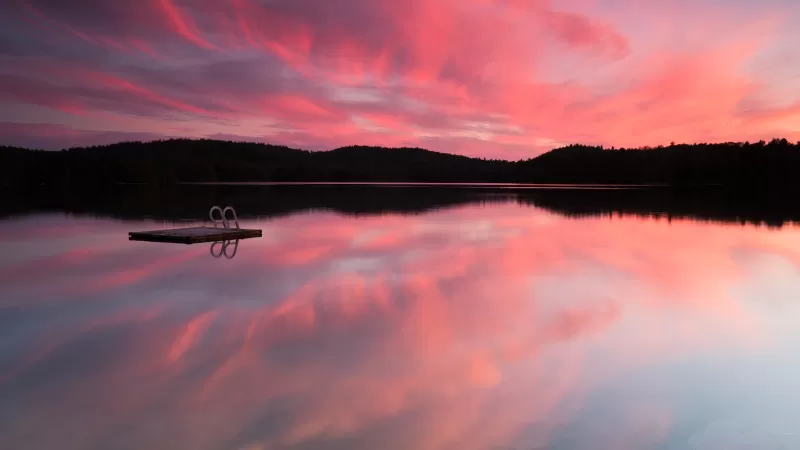 Pink sunset lake wallpaper, Swimming dock, Mirror reflection