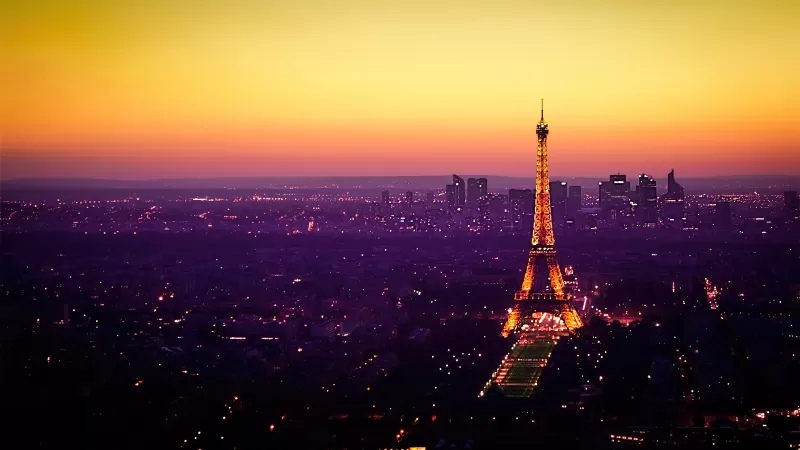 Eiffel Tower, Paris, France, Cityscape, City lights, Sunset, Orange sky, Landmark, Tourist attraction, Famous Place, Horizon, Skyline