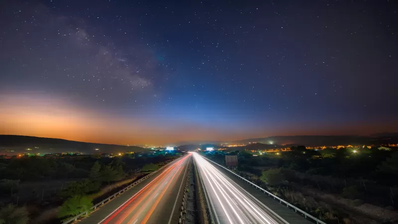 Highway, Light trails, Limassol city, Cyprus, Cityscape, City lights, Night time, Dusk, Milky Way, Astronomy, Outer space, Starry sky