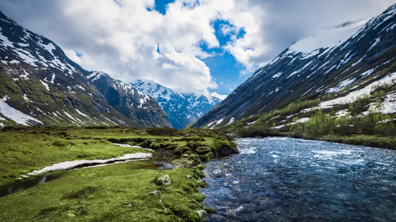 Valley, Glacier mountains, Snow covered, Landscape, Water Stream, Scenery, White Clouds, River