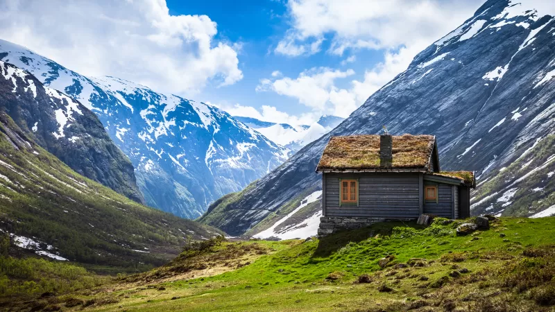 Grass-roof cabin, Snowy mountain valley, Green meadow, 4K wallpaper