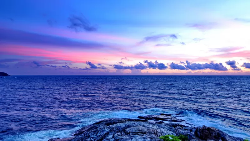 Promthep Cape, Phuket, Thailand, Seascape, Rocky coast, Sunset, Horizon, Cloudy Sky, Scenery, Horizon, Tourist attraction