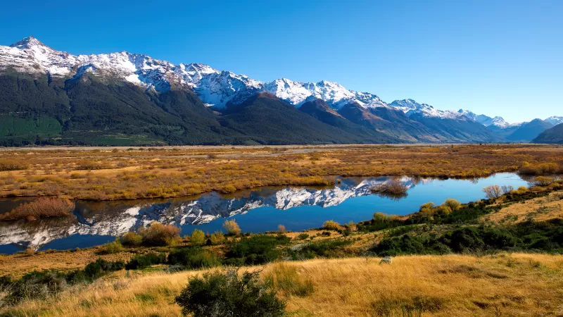 South of Rivendell, New Zealand, Landscape, Glacier mountains, Snow covered, Mountain range, Reflection, Blue Sky, Scenery
