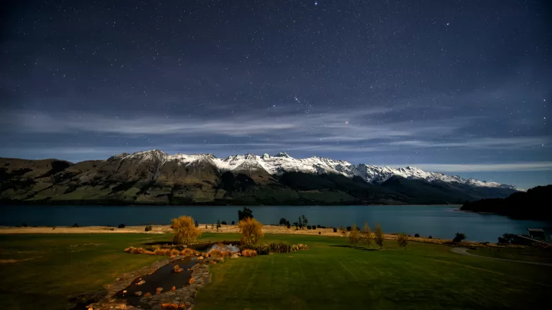 Lake Wakatipu, Queenstown, New Zealand, Glacier mountains, Mountain range, Snow covered, Astronomy, Night time, Starry sky, Landscape