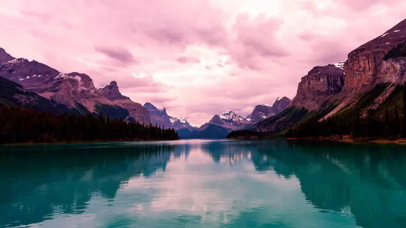 Maligne Lake, Canada, Purple sky, Mountain range, Reflection, Landscape, Scenery, Long exposure