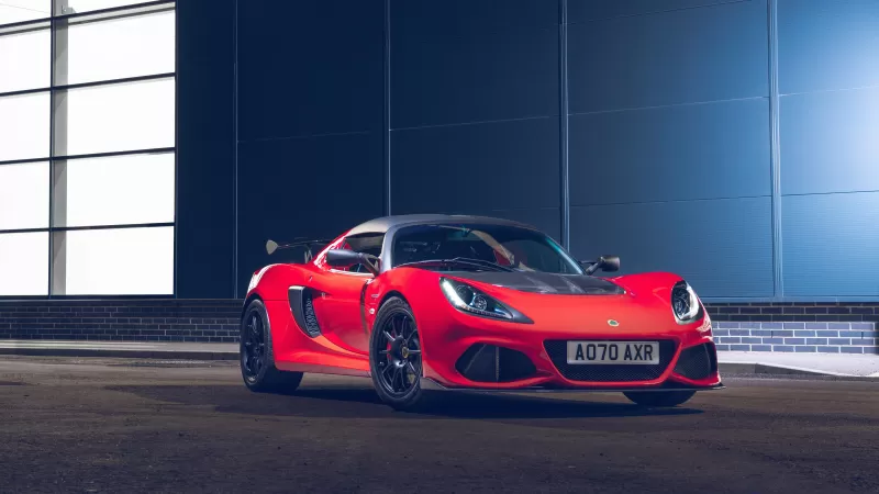 Lotus Exige Sport 420 Final Edition, Red sports car, Blue industrial wall, 2021 wallpaper
