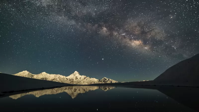 Mount Gongga, Minya Konka, China, Milky Way, Glacier mountains, Mountain Peak, Starry sky, Outer space, Astronomy, Lake, Reflection, Night time