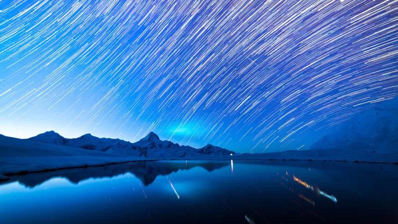 Star Trails, Astronomy, Mountain range, Mountain Peak, Glacier mountains, Snow covered, Landscape, Outer space, Lake, Reflection