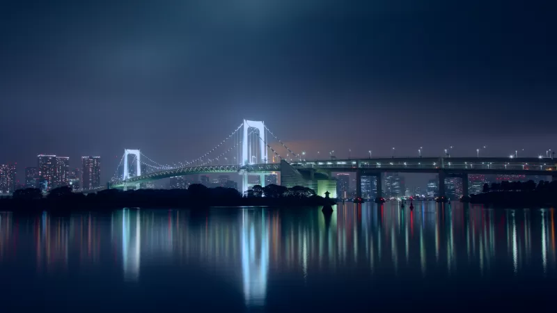 Rainbow Bridge, Tokyo, Japan, Suspension bridge, Waterfront, Silhouette, Cityscape, City lights, Night time, Skyscrapers, Reflection, 5K