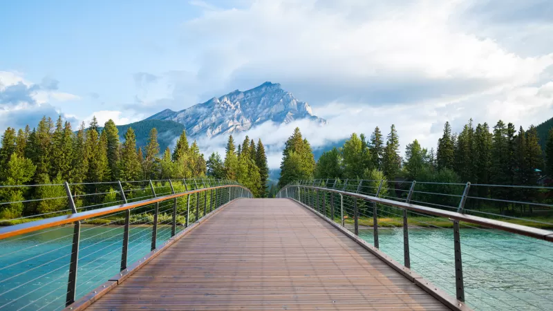 Wooden bridge, Banff National Park, Green Trees, Mountain Peak, Cloudy Sky, Landscape, Scenery, River, Rocky Mountains, 5K, 8K