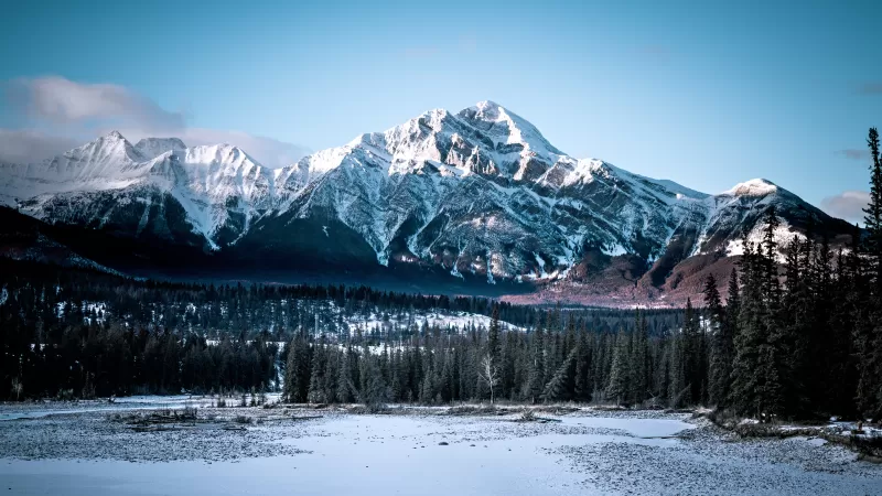 Jasper National Park, Alberta, Canada, Winter, Glacier mountains, Rocky Mountains, Mountain range, Blue Sky, Landscape, Scenery, Snow covered, 5K, 8K