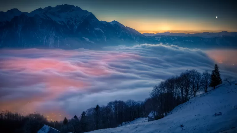 Above clouds, Mountains, Peak, Sunrise, Moon, Winter, Cold, Scenic