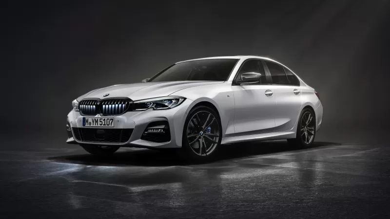 BMW 330i Iconic Edition, Glowing kidney grille, White sedan, Dark studio, 2021 wallpaper