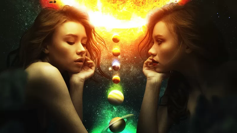 Twin girls and planets wallpaper, Surreal space art, Solar system