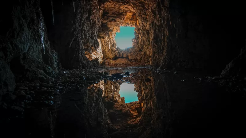 Cave reflection wallpaper, Rock tunnel, Dark water