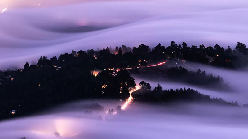 Mount Tamalpais, Mountain Peak, California, USA, Aerial view, Fog, Long exposure, Landscape, Light trails, 5K