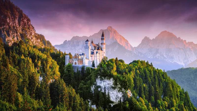 Neuschwanstein Castle, Germany, Fairy Castle, Ancient architecture, Mountain range, Sunset, Forest, Green Trees, Landscape, Scenic, Cloudy Sky, 5K, 8K
