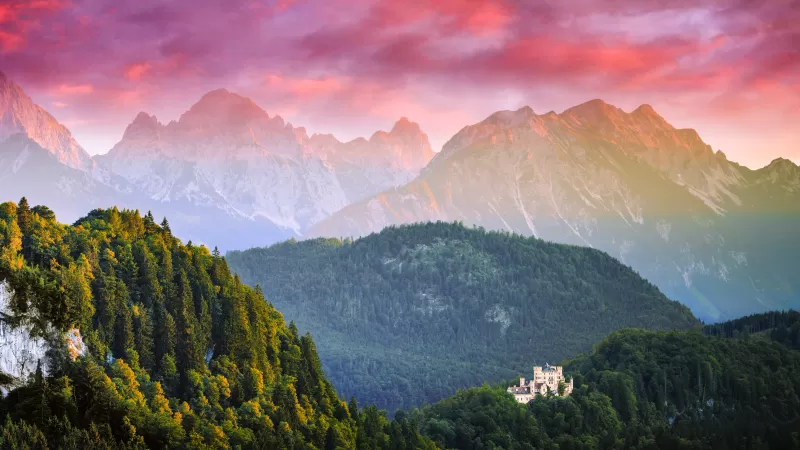 Allgäu, Germany, Landscape, Mountain range, Neuschwanstein Castle, Aerial view, Pink sky, Sunset, Scenery, Green Trees, 5K, 8K