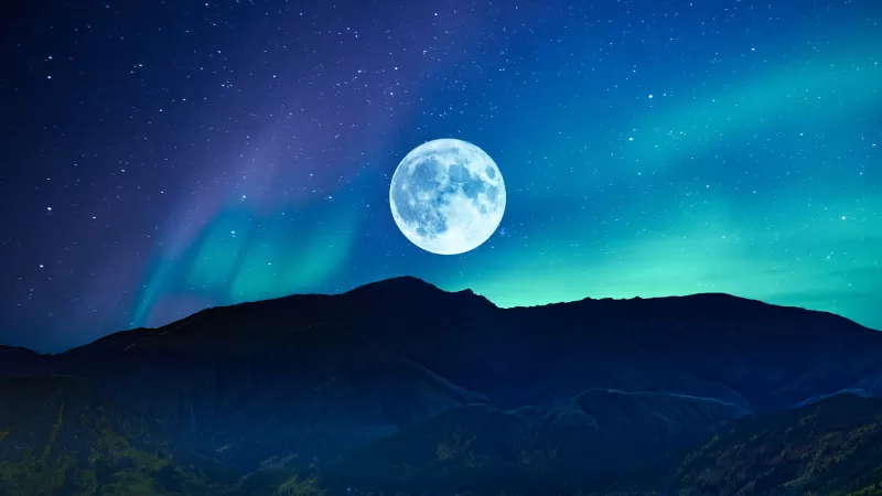 Full moon, Aurora Borealis, Night time, Mountain, Silhouette, Landscape, Starry sky, Surreal, Scenery, Natural Phenomena, 5K, 8K