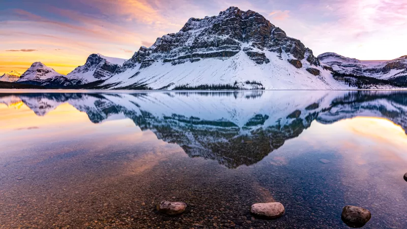 Bow Lake, Crowfoot Mountain, Canada, Banff National Park, Canadian Rockies, Glacier mountains, Mountain range, Landscape, Reflection, Scenery, Summit, Evening sky, Snow covered, 5K