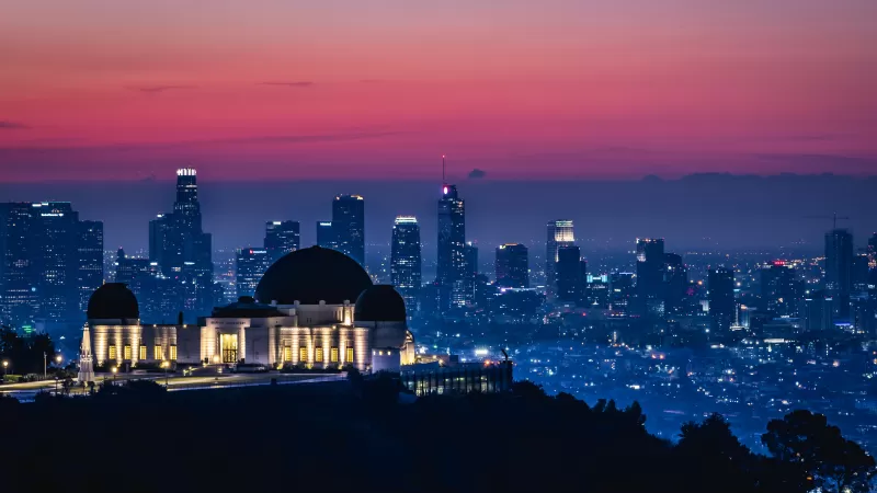 Griffith Observatory, Los Angeles, California, Sunrise, Pink sky, Dawn, Cityscape, City lights, Skyline, Skyscrapers, 5K