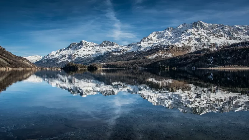 Piz Corvatsch, Switzerland, Swiss Alps, Glacier mountains, Snow covered, Lake Sils, Reflection, Daytime, Landscape, Scenery, Blue Sky, 5K