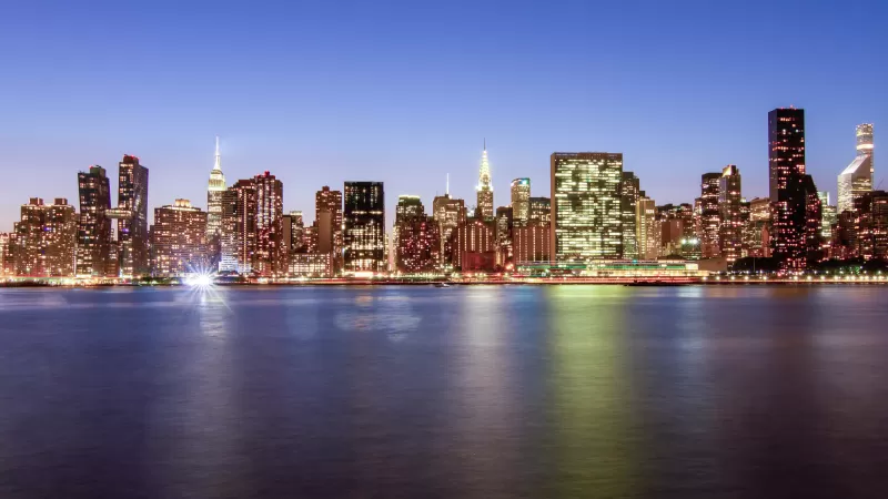 New York City, Cityscape, City lights, Skyline, Night time, Body of Water, Reflection, Long exposure, Dusk, Skyscrapers, Clear sky, 5K