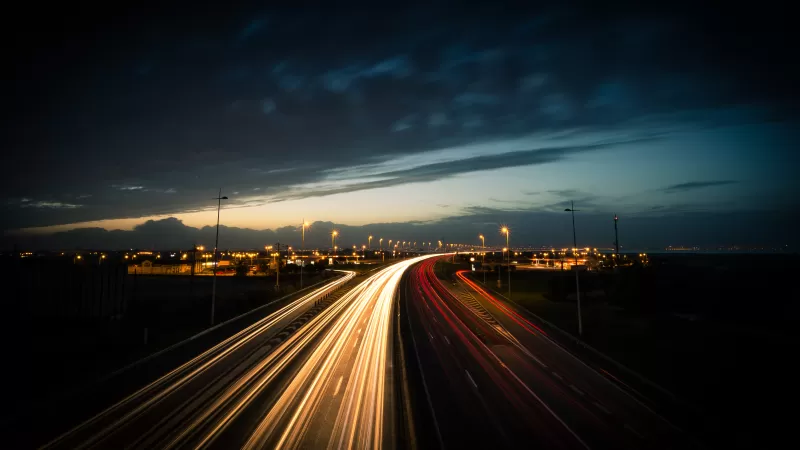 Highway light trails, Night traffic, Long exposure, 5K wallpaper