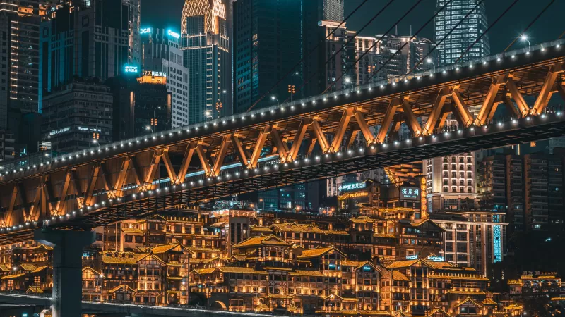 Chongqing, China, City Skyline, Skyscrapers, Night time, City lights, Bridge, 5K, 8K