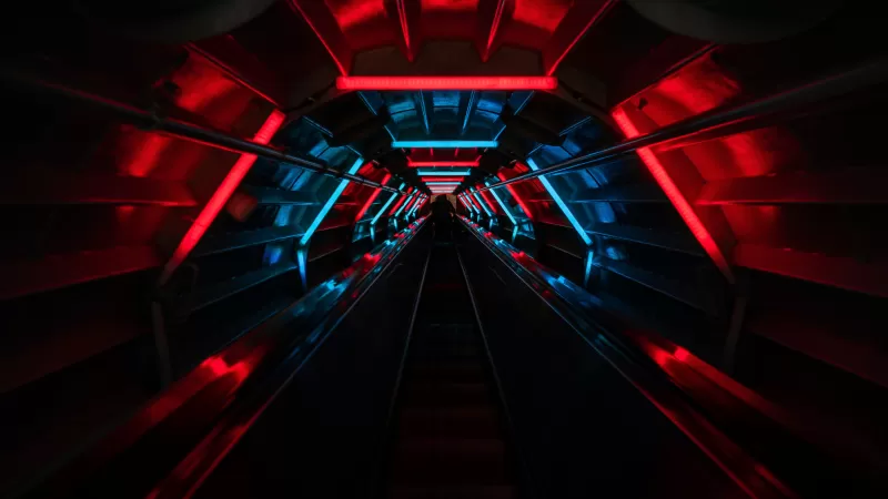 Tunnel, Vanishing point, Red lighting, Blue light, Black background, Pattern, Long exposure, Neon Lights, 5K