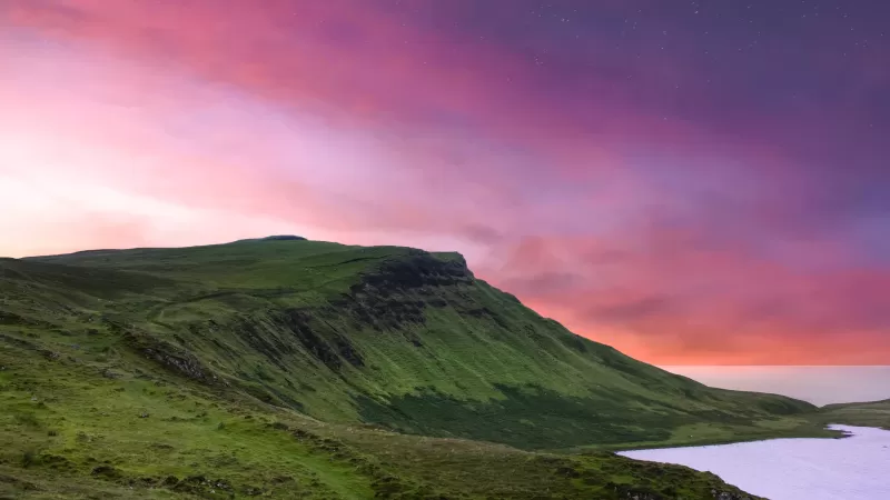 Isle of Skye, Scotland, Countryside, Shore, Sunset, Landscape, Scenery, Purple sky, Starry sky, Dusk, Coastline, 5K