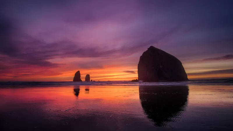 Oregon Coast, Sunset, Beach, Purple sky