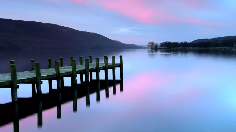 Jetty, Wooden pier, Walkway, Lake, Reflection, Body of Water, Evening sky, Landscape
