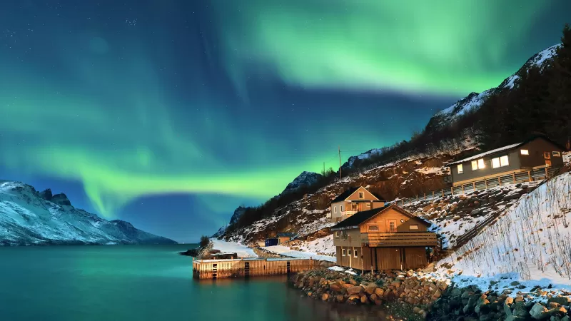Northern Lights, Aurora Borealis, Norway, Night time, Stars, Snow covered, Mountains, Wooden House, Lake, Body of Water, Landscape, Scenery