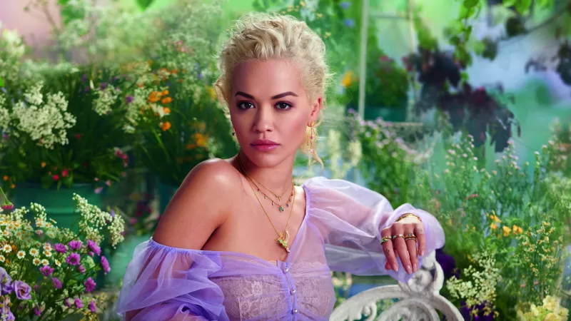 Rita Ora, British singer, Flower garden, Lavender dress, Photoshoot wallpaper