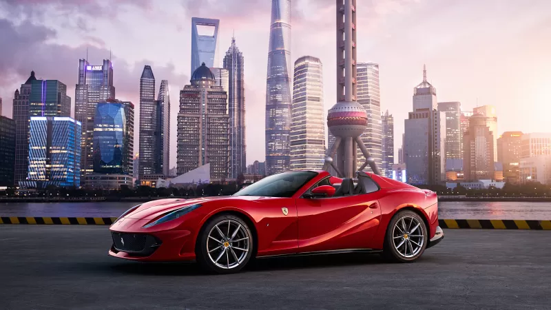 Ferrari 812 GTS, Red cars, Shanghai, Cityscape, Skyscrapers, 5K