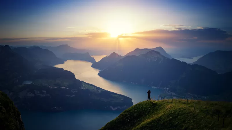 Lake Lucerne, Switzerland, Sunset over mountains, 4K wallpaper