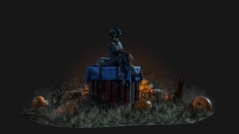 PUBG, Crate, Pumpkins, Dark background