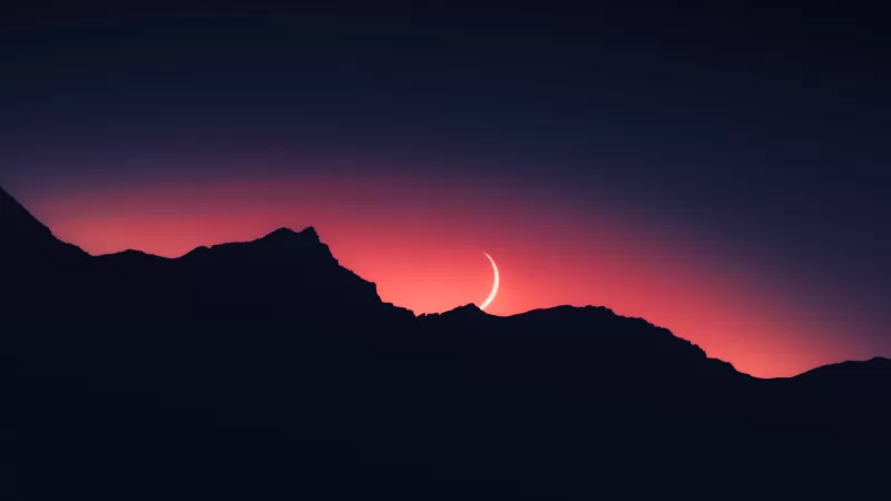 Sunset, Mountain silhouette, Crescent Moon, Night time, Landscape, 5K