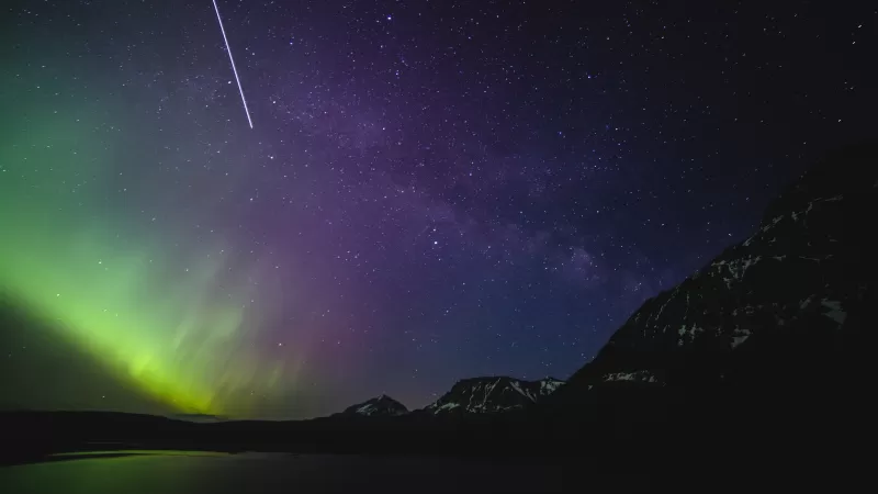 Aurora Borealis, Milky Way, Purple sky, Night, Starry sky, Glacier National Park, 5K