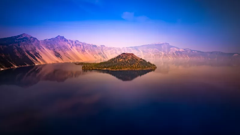 Crater Lake, Oregon, United States, Island, Body of Water, Dawn, Sunset, Blue Sky, Mountain range, Landscape, Scenery, Reflection, 5K