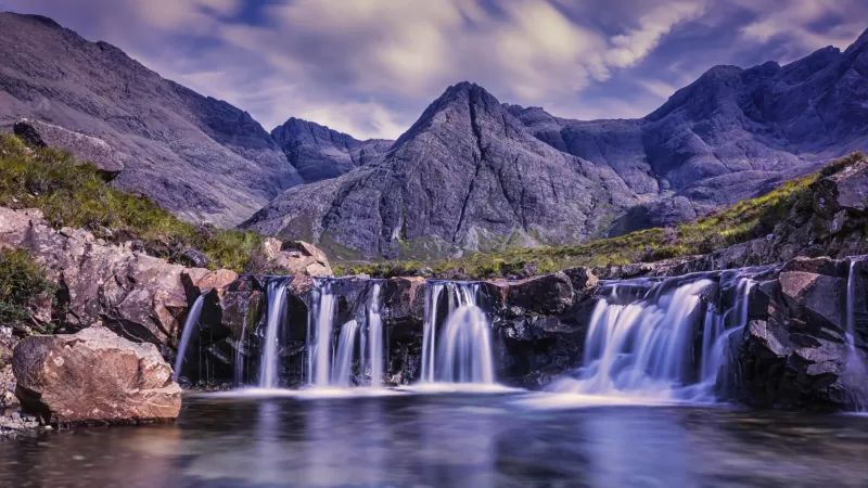 Waterfalls, Cloudy Sky, River Stream, Water flow, Long exposure, Mountains, Scenery, Landscape, 5K