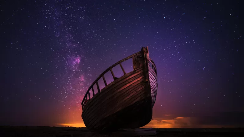 Wrecked Boat, Sailing boat, Night time, Starry sky, Milky Way, Outer space, Seashore, 5K