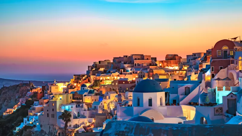 Oia Santorini wallpaper, Greece, Blue domes at sunset