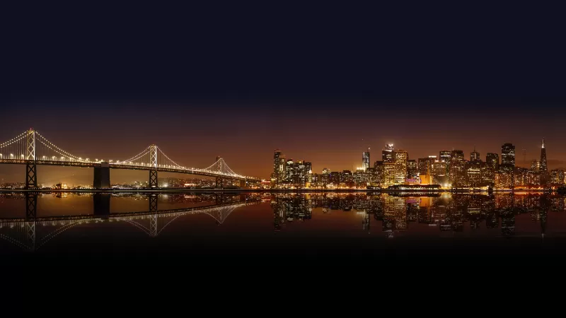 San Francisco-Oakland Bay Bridge, City Skyline, Cityscape, Night time, City lights, Body of Water, Reflection, Skyscrapers, 5K, 8K