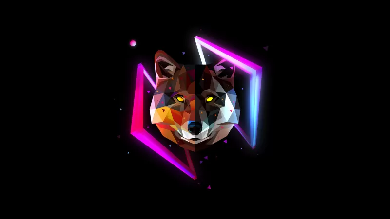 Wolf, Wild, Low poly, Artwork, AMOLED, Black background, Neon, Multicolor