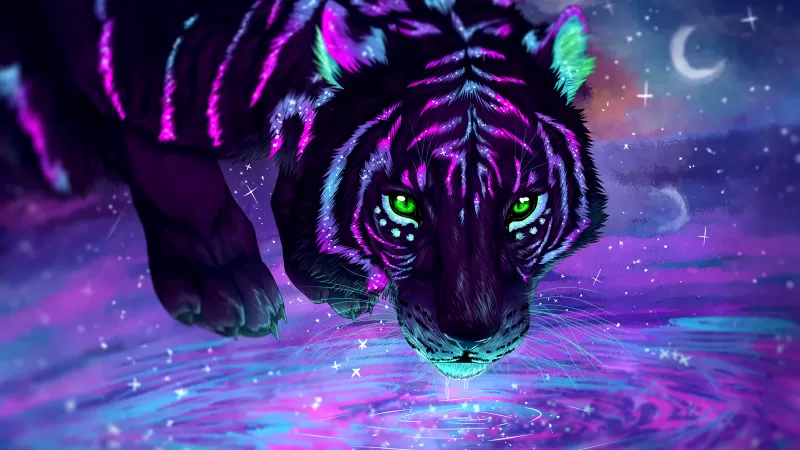 Tiger, Neon, Digital paint, Glowing