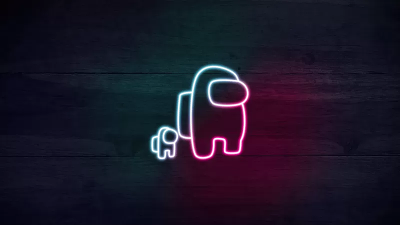 Among Us, Neon, Wooden background, Dark background